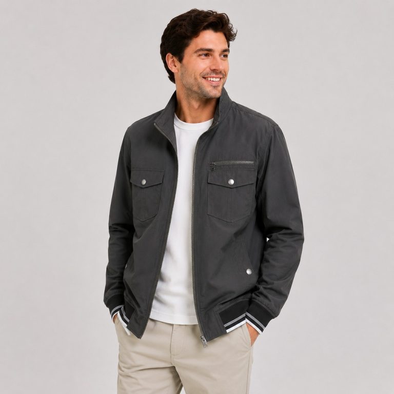 Men's lightweight cotton bomber jacket in charcoal gray with 4-pocket front, ribbed hem/cuffs - model front view, OEM wholesale outerwear