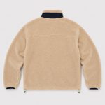 Men's sherpa fleece jacket in cream with navy blue contrast collar, chest zip pocket, twin zip hand pockets - flat back view, OEM wholesale men's outerwear