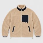 Men's sherpa fleece jacket in cream with navy blue contrast collar, chest zip pocket, twin zip hand pockets - flat front view, OEM wholesale men's outerwear
