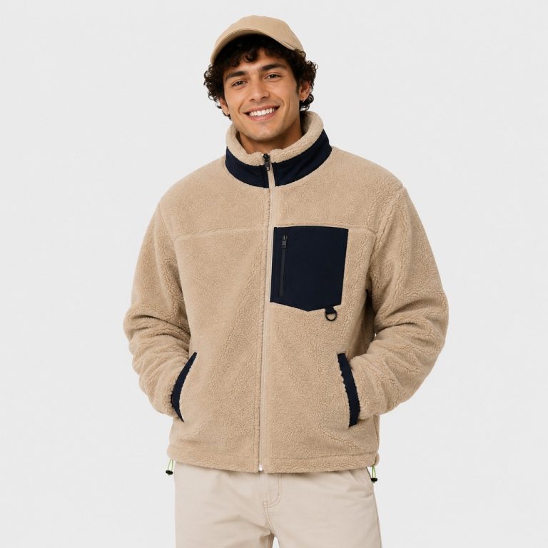 Men's sherpa fleece jacket in cream with navy blue contrast collar, chest zip pocket, twin zip hand pockets - model front view, OEM wholesale men's outerwear