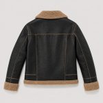 Women's PU leather jacket in black with tan sherpa fleece collar, lapels, cuffs and hem - flat back view, OEM wholesale women's outerwear