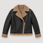 Women's PU leather jacket in black with tan sherpa fleece collar, lapels, cuffs and hem - flat front view, OEM wholesale women's outerwear