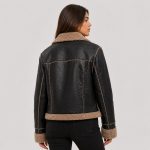 Women's PU leather jacket in black with tan sherpa fleece collar, lapels, cuffs and hem - model back view, OEM wholesale women's outerwear