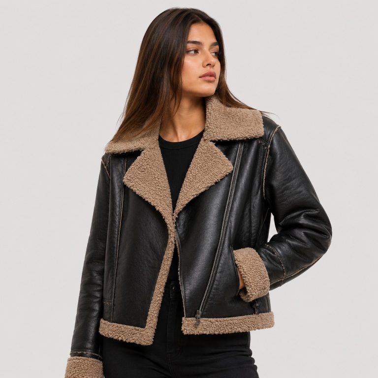 Women's PU leather jacket in black with tan sherpa fleece collar, lapels, cuffs and hem - model front view, OEM wholesale women's outerwear