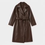 Women's long PU leather trench coat in chocolate brown with double-breasted front, wide notched lapels, leather belt, side slash pockets - flat front view, OEM wholesale women's outerwear