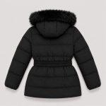 Women's puffer parka in black with faux fur trim hood, belted waist, mid-thigh length - flat back view, OEM wholesale women's outerwear
