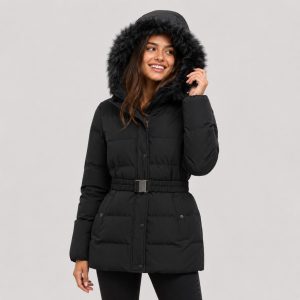 Women's puffer parka in black with faux fur trim hood, belted waist, mid-thigh length - model front view, OEM wholesale women's outerwear