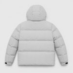 Men's hooded puffer jacket in light gray with horizontal quilt channels and adjustable hood - flat back view, OEM wholesale outerwear