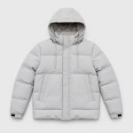 Men's hooded puffer jacket in light gray with horizontal quilt channels and adjustable hood - flat front view, OEM wholesale outerwear