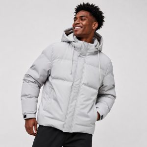 Men's hooded puffer jacket in light gray with horizontal quilt channels and adjustable hood - model front view, OEM wholesale outerwear