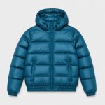 Women's cropped lightweight puffer jacket in petrol blue with hood, twin zip hand pockets, elasticated ribbed cuffs and hem - flat front view, OEM wholesale women's outerwear