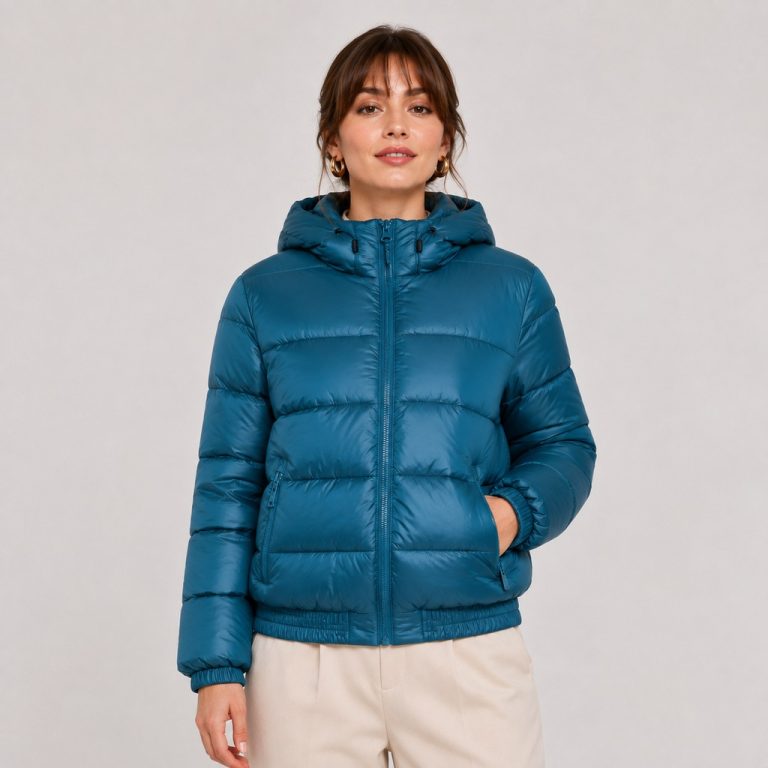 Women's cropped lightweight puffer jacket in petrol blue with hood, twin zip hand pockets, elasticated ribbed cuffs and hem - model front view, OEM wholesale women's outerwear
