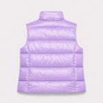 Women's sleeveless puffer vest (gilet) in lavender with stand collar, full zip, twin zip hand pockets, floral print interior lining - flat back view, OEM wholesale women's outerwear