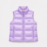 Women's sleeveless puffer vest (gilet) in lavender with stand collar, full zip, twin zip hand pockets, floral print interior lining - flat front view, OEM wholesale women's outerwear