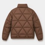 Women's diamond-quilt puffer jacket in chocolate brown with stand collar, twin zip hand pockets, elasticated ribbed cuffs and hem - flat back view, OEM wholesale women's outerwear
