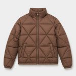 Women's diamond-quilt puffer jacket in chocolate brown with stand collar, twin zip hand pockets, elasticated ribbed cuffs and hem - flat front view, OEM wholesale women's outerwear