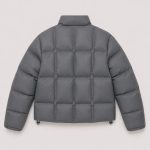 Women's cropped quilted puffer jacket in gray with stand collar, box-quilt channels, drawcord cinches - flat back view, OEM wholesale women's outerwear