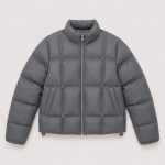 Women's cropped quilted puffer jacket in gray with stand collar, box-quilt channels, drawcord cinches - flat front view, OEM wholesale women's outerwear