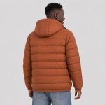 Men's quilted puffer jacket in rust/orange with blue lining - model back view, OEM wholesale outerwear