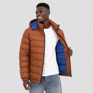 Men's quilted puffer jacket in rust/orange with blue lining - model front view, OEM wholesale outerwear