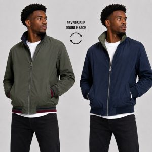 Men's reversible cotton bomber jacket showing both faces (olive green and navy blue) - model back doubleface view, OEM wholesale outerwear