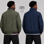 Men's reversible cotton bomber jacket showing both faces (olive green and navy blue) - model front doubleface view, OEM wholesale outerwear