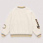 Women's varsity bomber jacket in cream wool blend with letter patches, snap-button front, ribbed trim - flat back view, OEM wholesale women's outwear