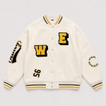 Women's varsity bomber jacket in cream wool blend with letter patches, snap-button front, ribbed trim - flat front view, OEM wholesale women's outwear