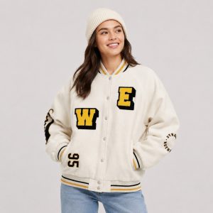 Women's varsity bomber jacket in cream wool blend with letter patches, snap-button front, ribbed trim - model front view, OEM wholesale women's outwear