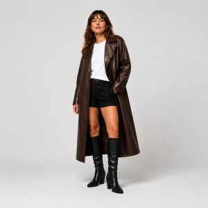 Women's long PU leather trench coat in chocolate brown - model front view (replacement), OEM wholesale women's outerwear