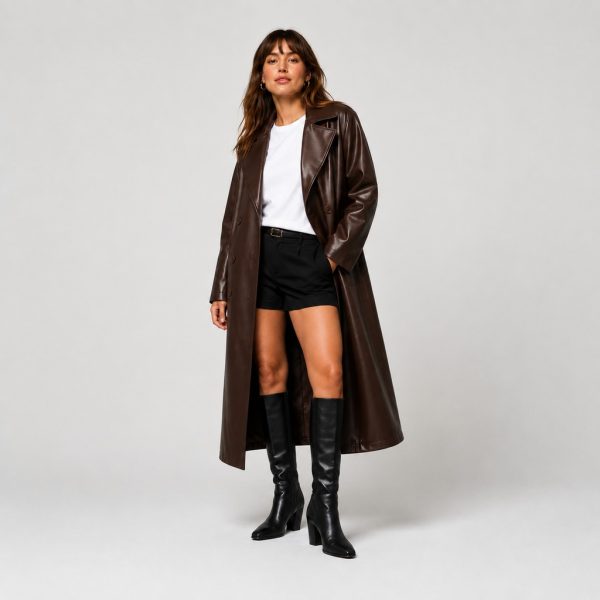 Women's long PU leather trench coat in chocolate brown - model front view (replacement), OEM wholesale women's outerwear