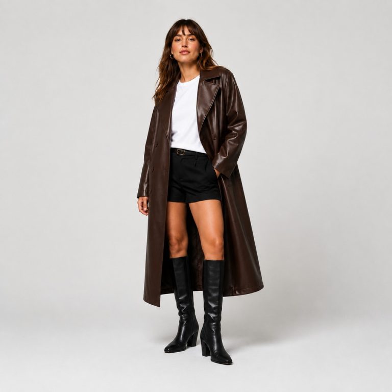 Women's long PU leather trench coat in chocolate brown - model front view (replacement), OEM wholesale women's outerwear