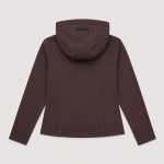 Women's athletic zip-hoodie jacket in chocolate brown with princess seams and thumbhole cuffs - flat back view, OEM wholesale women's activewear, sizes XS-XL