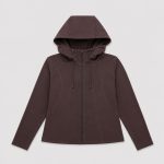 Women's athletic zip-hoodie jacket in chocolate brown with princess seams and thumbhole cuffs - flat front view, OEM wholesale women's activewear, sizes XS-XL
