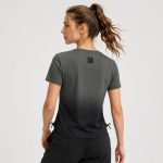 Women's athletic workout top in black ombre gradient (dark grey at neck fading to black at hem) with side drawstring ruching - flat back view, OEM wholesale women's activewear, sizes XS-XL