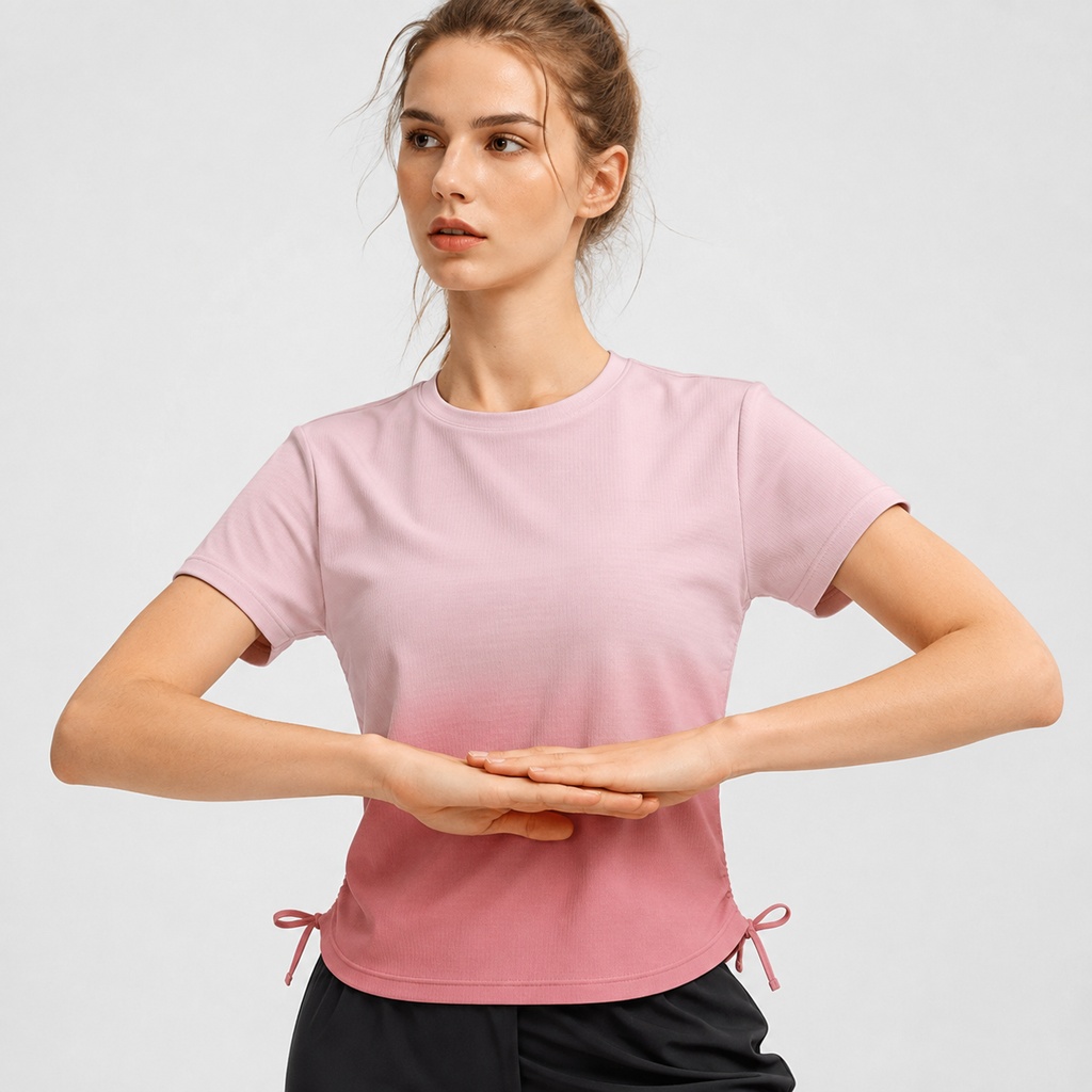Women’s Workout Top with Drawstring Side Hem – OEM Pink Ombre Activewear Manufacturer | Northern Garment