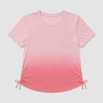 Women's athletic workout top in pink ombre gradient with side drawstring hem - flat back view, OEM wholesale women's activewear, sizes XS-XL