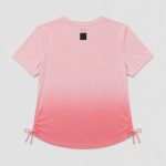 Women's athletic workout top in pink ombre gradient with side drawstring hem - flat front view, OEM wholesale women's activewear, sizes XS-XL