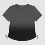 Women's athletic workout top in pink ombre gradient with side drawstring hem - model front view, OEM wholesale women's activewear, sizes XS-XL