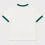 Women's athletic workout top in white with hunter green contrast ringer trim at neck and sleeve cuffs - flat back view, OEM wholesale women's activewear