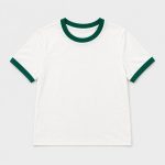 Women's athletic workout top in white with hunter green contrast ringer trim at neck and sleeve cuffs - flat front view, OEM wholesale women's activewear