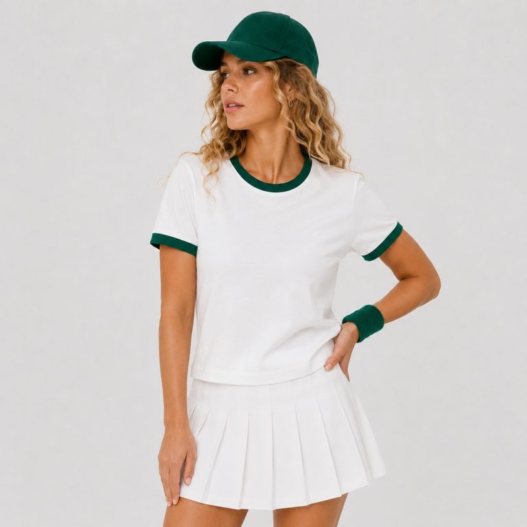 Women's athletic workout top in white with hunter green contrast ringer trim at neck and sleeve cuffs - model front view, OEM wholesale women's activewear