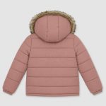 Girl's fleece-lined puffer jacket in mauve with faux-fur trim hood, sherpa lining - 004 view, OEM wholesale girls outwear, big-kid size up to 164cm