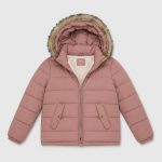 Girl's fleece-lined puffer jacket in mauve with faux-fur trim hood, sherpa lining - 003 view, OEM wholesale girls outwear, big-kid size up to 164cm