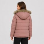 Girl's fleece-lined puffer jacket in mauve with faux-fur trim hood, sherpa lining - 002 view, OEM wholesale girls outwear, big-kid size up to 164cm