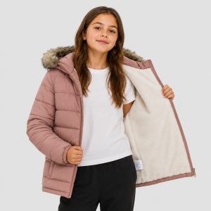 Girl's fleece-lined puffer jacket in mauve with faux-fur trim hood, sherpa lining - 001 view, OEM wholesale girls outwear, big-kid size up to 164cm