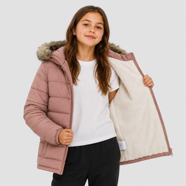 Girl's fleece-lined puffer jacket in mauve with faux-fur trim hood, sherpa lining - 001 view, OEM wholesale girls outwear, big-kid size up to 164cm