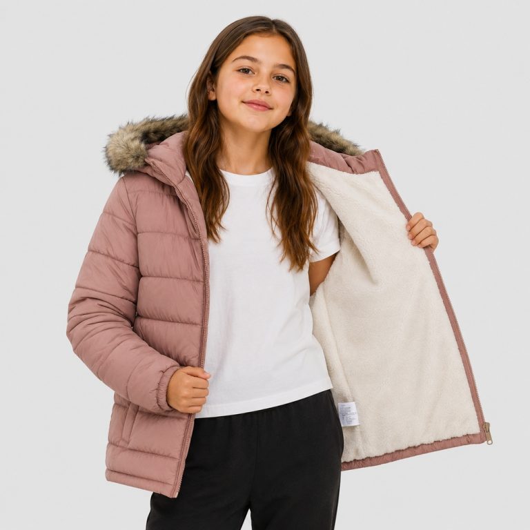 Girl's fleece-lined puffer jacket in mauve with faux-fur trim hood, sherpa lining - 001 view, OEM wholesale girls outwear, big-kid size up to 164cm