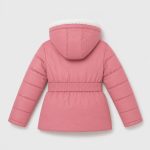 Girl's fleece-lined puffer jacket in pink with sherpa hood, belted waist - 004 view, OEM wholesale kids outwear, big-kid size