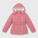 Girl's fleece-lined puffer jacket in pink with sherpa hood, belted waist - 003 view, OEM wholesale kids outwear, big-kid size